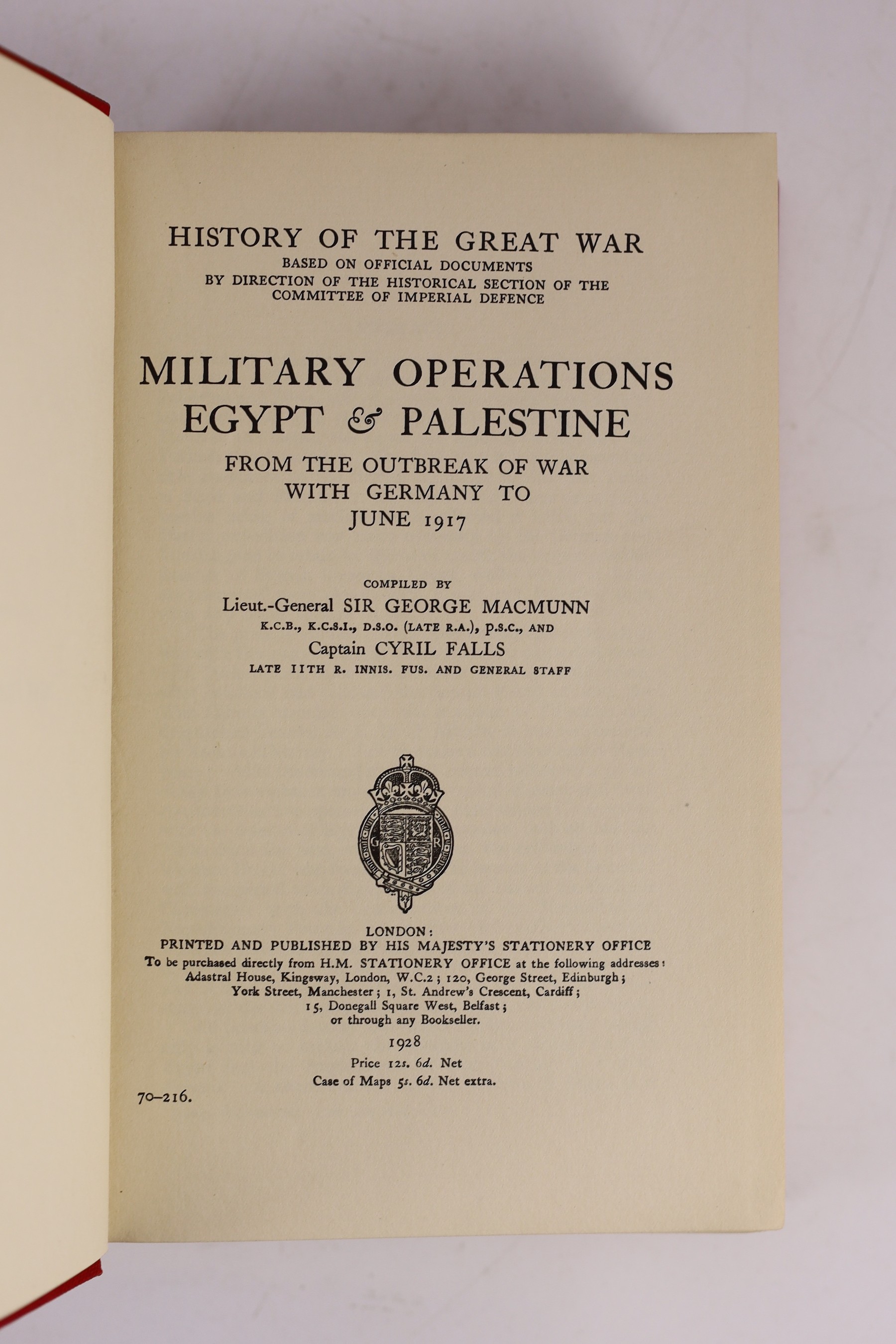 MacMunn, George Fletcher, Sir and Falls, Cyril, Military Operations Egypt & Palestine, 3 vols and 2 cloth drop-front boxes, 8vo, original red cloth, with 38 folded maps, sketches and photographs, HMSO, London, 1928-30